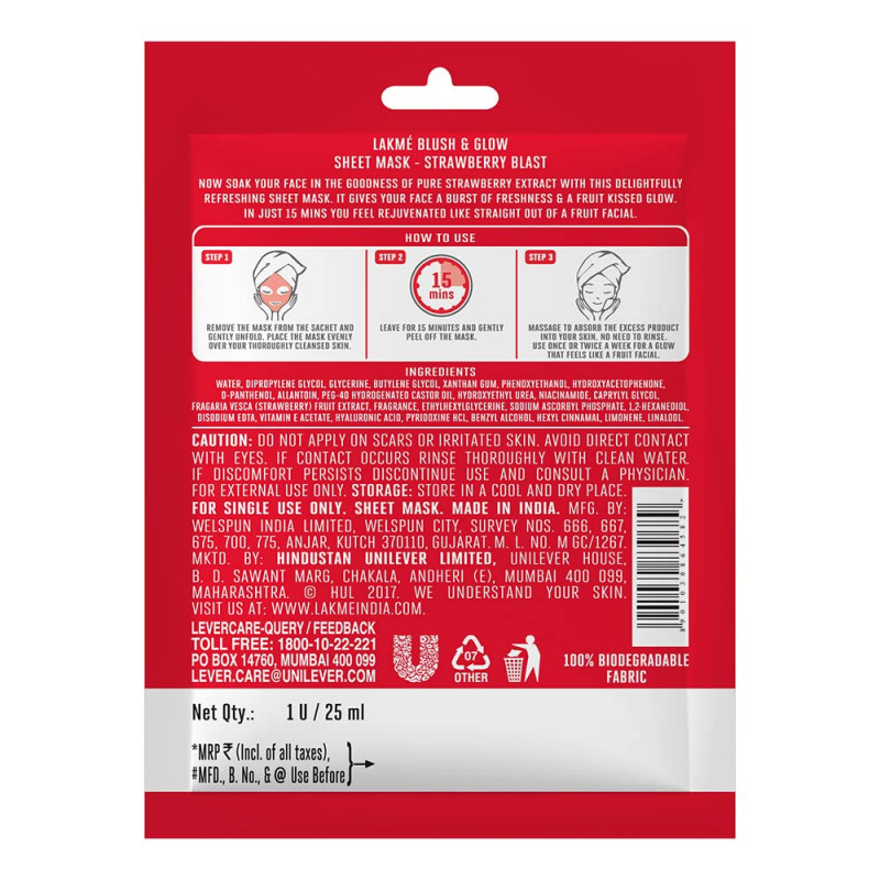Lakme Blush & Glow Strawberry Sheet Mask, 25 Ml